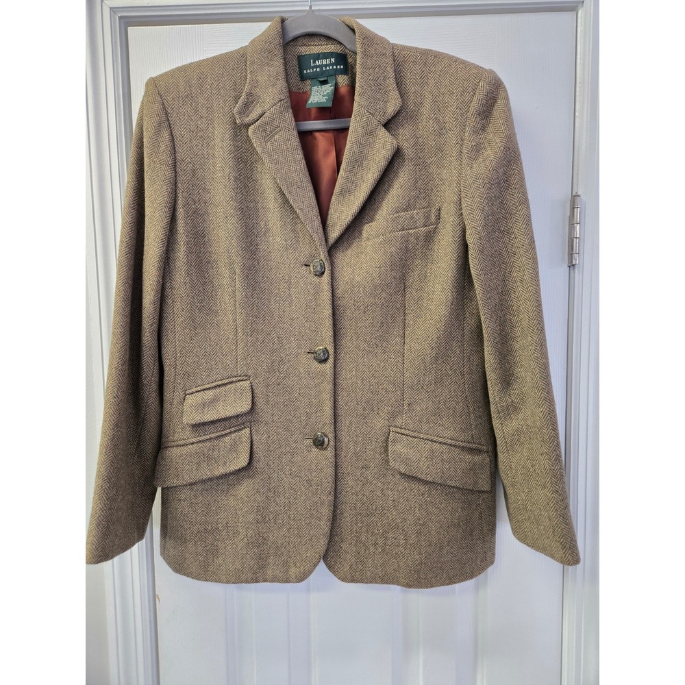 Lauren Ralph Lauren Brown Herringbone Lambswool 3-Button  Blazer 12 Logo Buttons